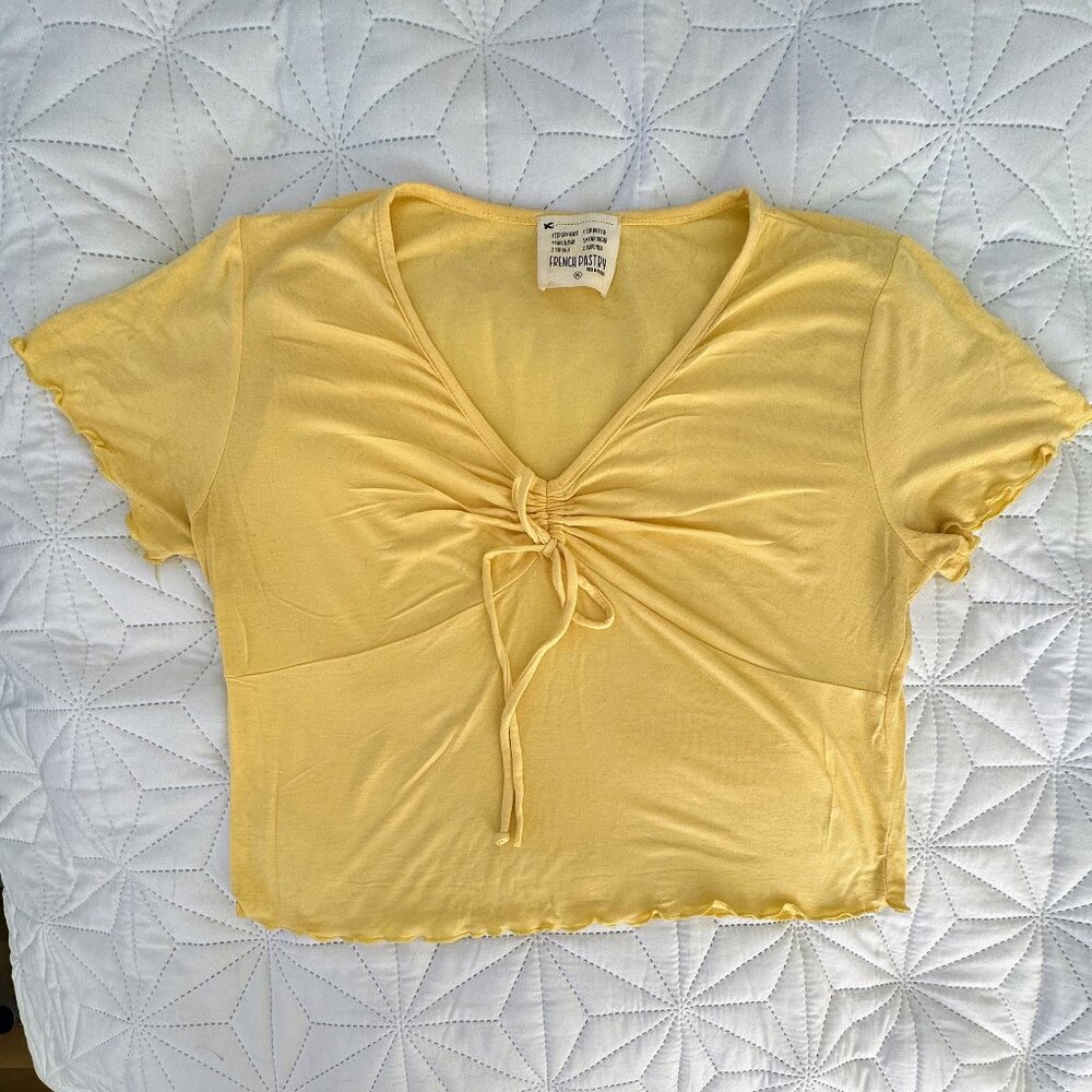 Yellow Ruched Tie-Front Baby Tee – Lettuce Hem Y2K Crop Top, Size M